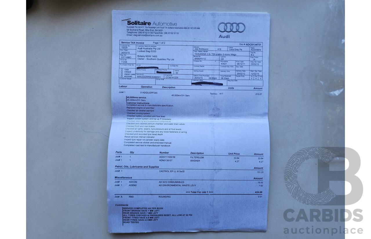 2/2012 Audi Q5 3.0 TDI Quattro 8R MY12 4d Wagon Grey 3.0L