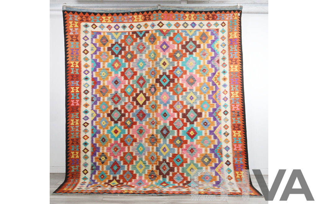 Large Hand Woven Afghan Wool Slit Weave Kilim with Bright Design
