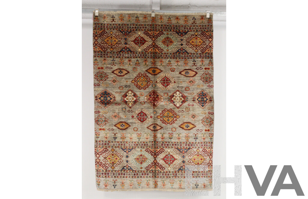Large Hand Knotted Afghan  Wool Carpet with Latch Hook Gul Abrashed Design