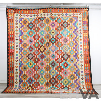 Large Hand Woven Afghan Wool Slit Weave Kilim with Bright Design