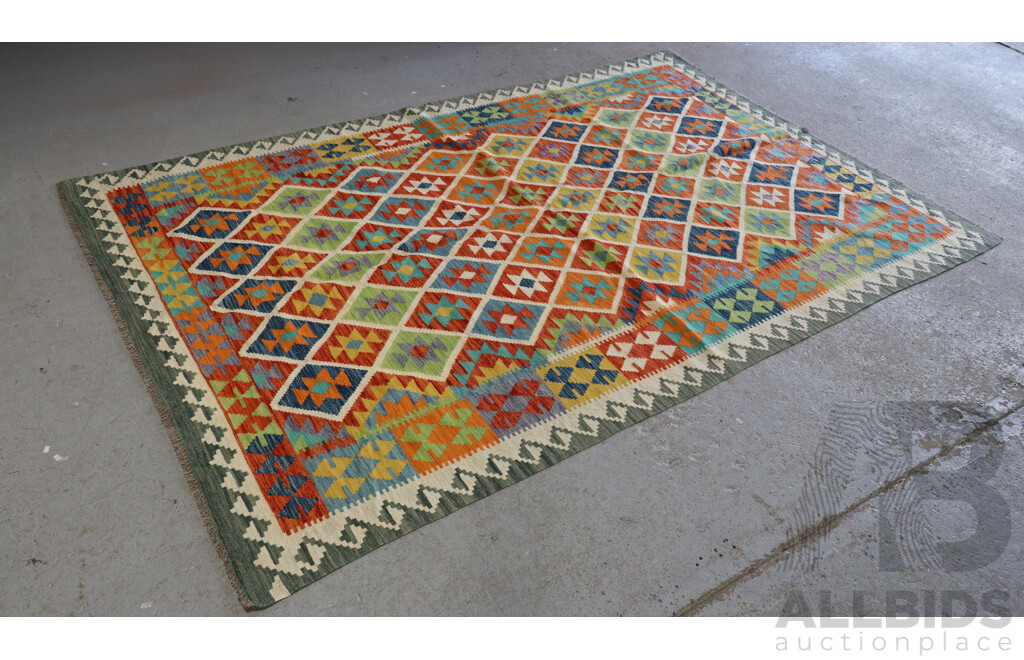 Large Hand Woven Afghan Wool Slit Weave Kilim with Bright Design