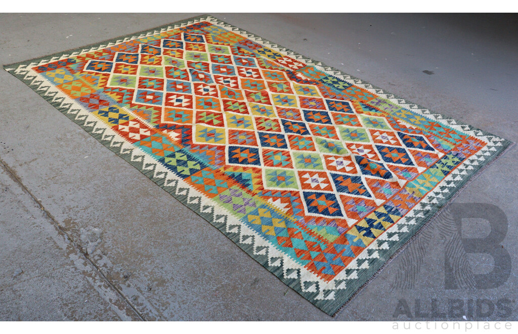 Large Hand Woven Afghan Wool Slit Weave Kilim with Bright Design