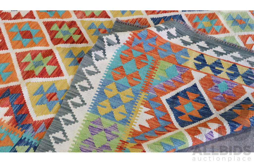 Large Hand Woven Afghan Wool Slit Weave Kilim with Bright Design