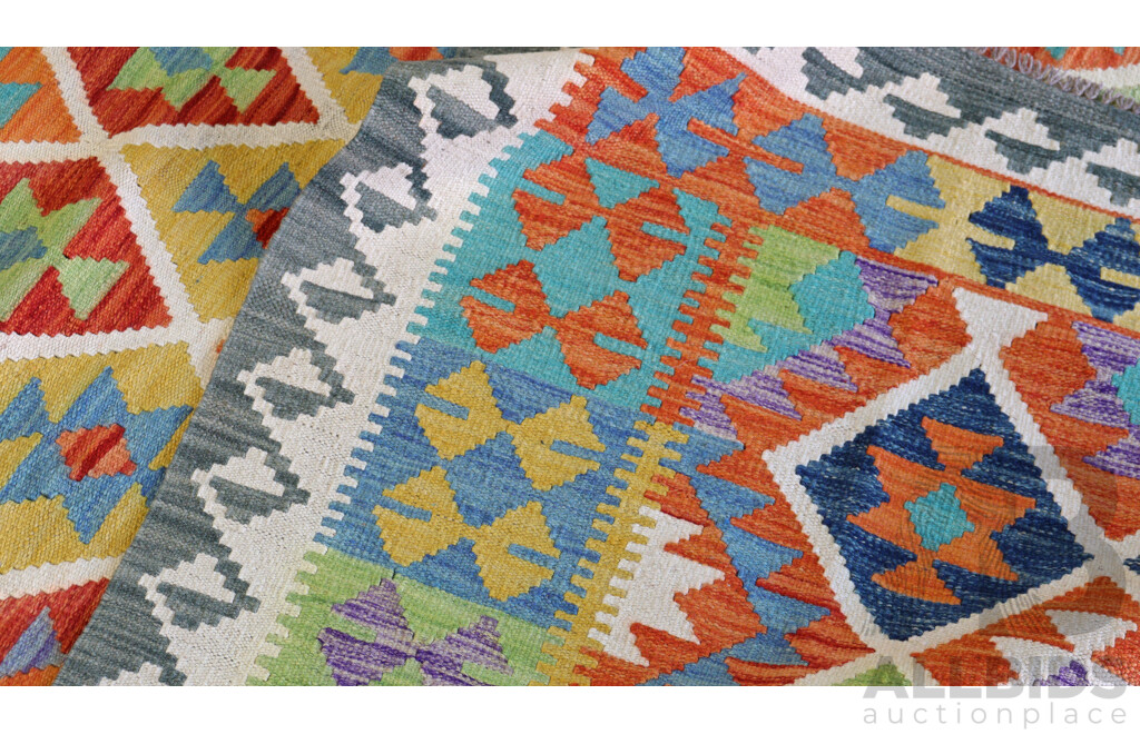Large Hand Woven Afghan Wool Slit Weave Kilim with Bright Design
