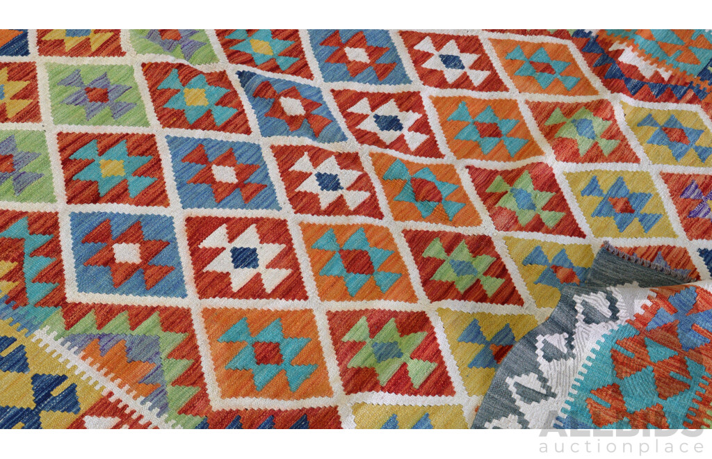 Large Hand Woven Afghan Wool Slit Weave Kilim with Bright Design