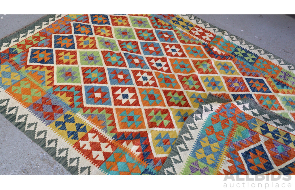 Large Hand Woven Afghan Wool Slit Weave Kilim with Bright Design