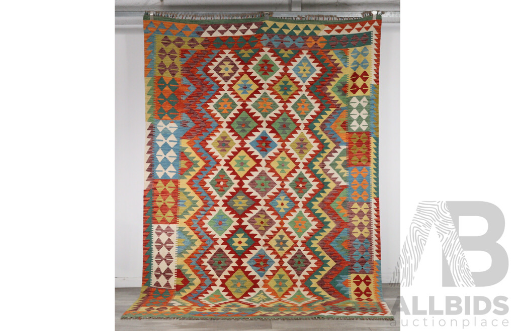 Large Hand Woven Afghan Wool Slit Weave Kilim with Bright Design