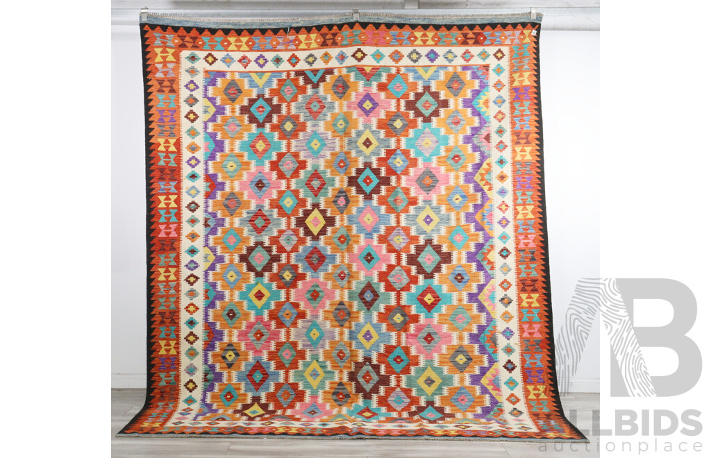 Large Hand Woven Afghan Wool Slit Weave Kilim with Bright Design