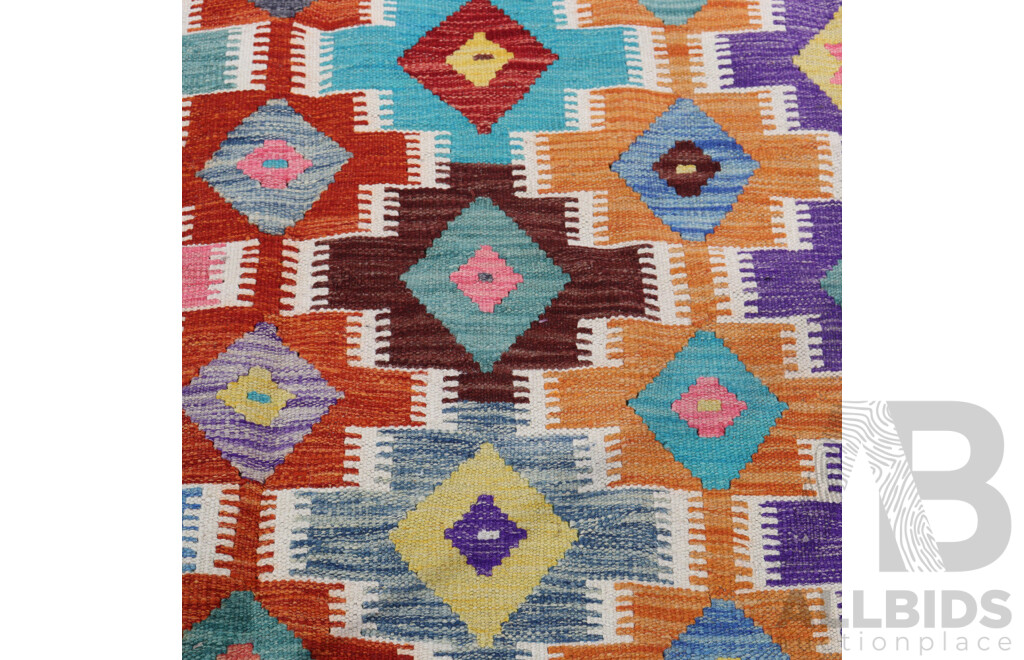 Large Hand Woven Afghan Wool Slit Weave Kilim with Bright Design