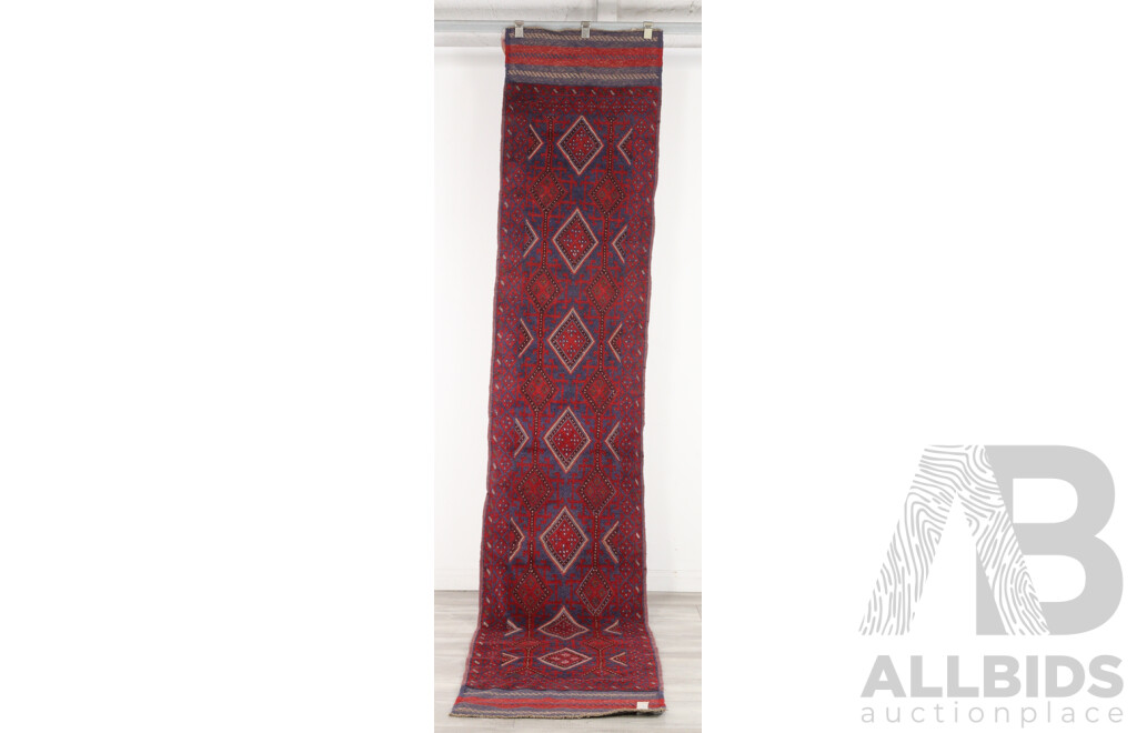 Long Hand Knotted Wool Afghan Runner with Geometric Octagonal Motif