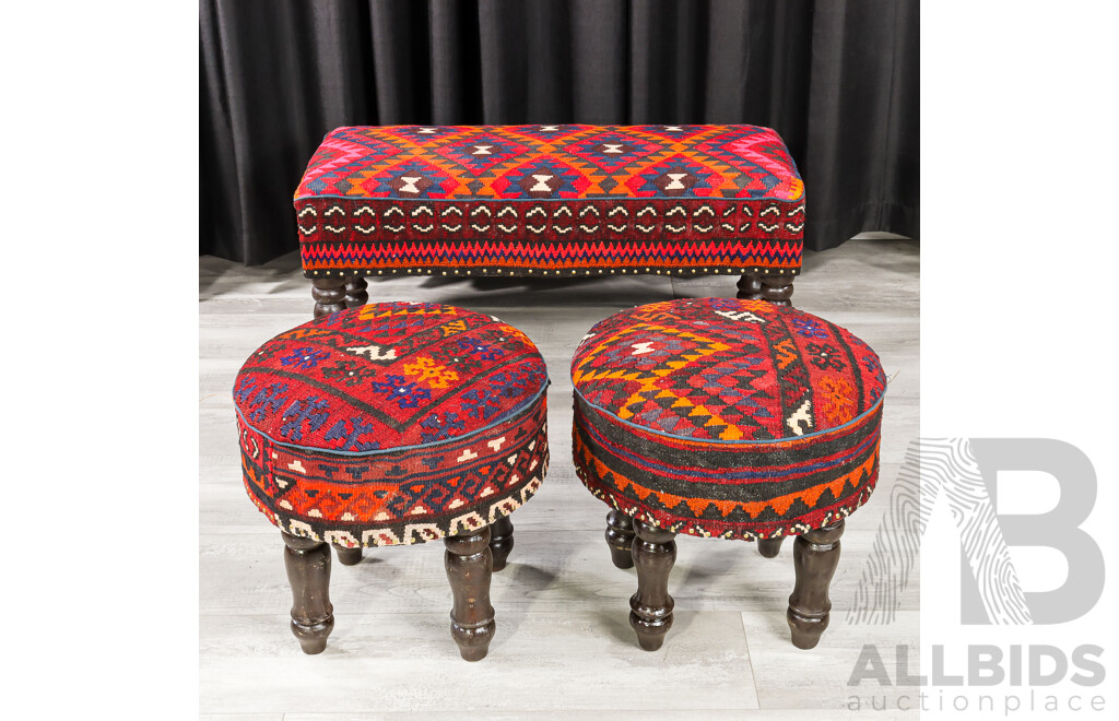 Good Set of Three Kilim Upholstered Foot Stools