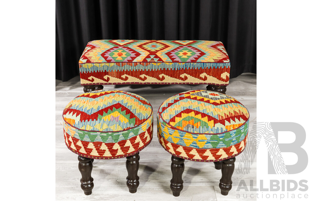 Good Set of Three Kilim Covered Foot Stools