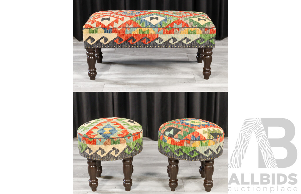 Set of Three Kilim Covered Footstools