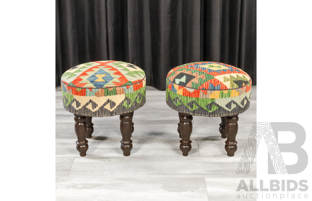 Set of Three Kilim Covered Footstools