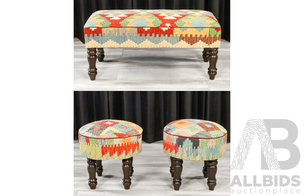 Set of Three Kilim Covered Footstools
