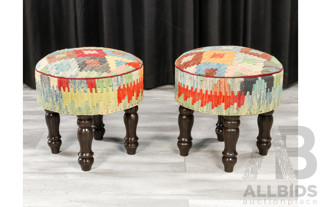 Set of Three Kilim Covered Footstools