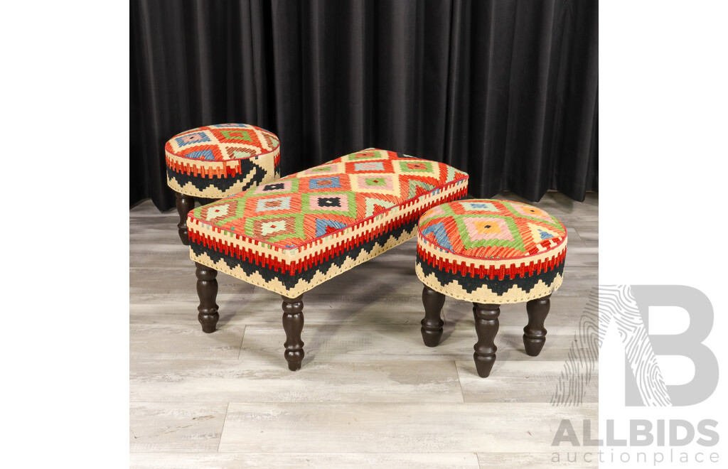 Set of Three Matched Kilim Covered Footstools