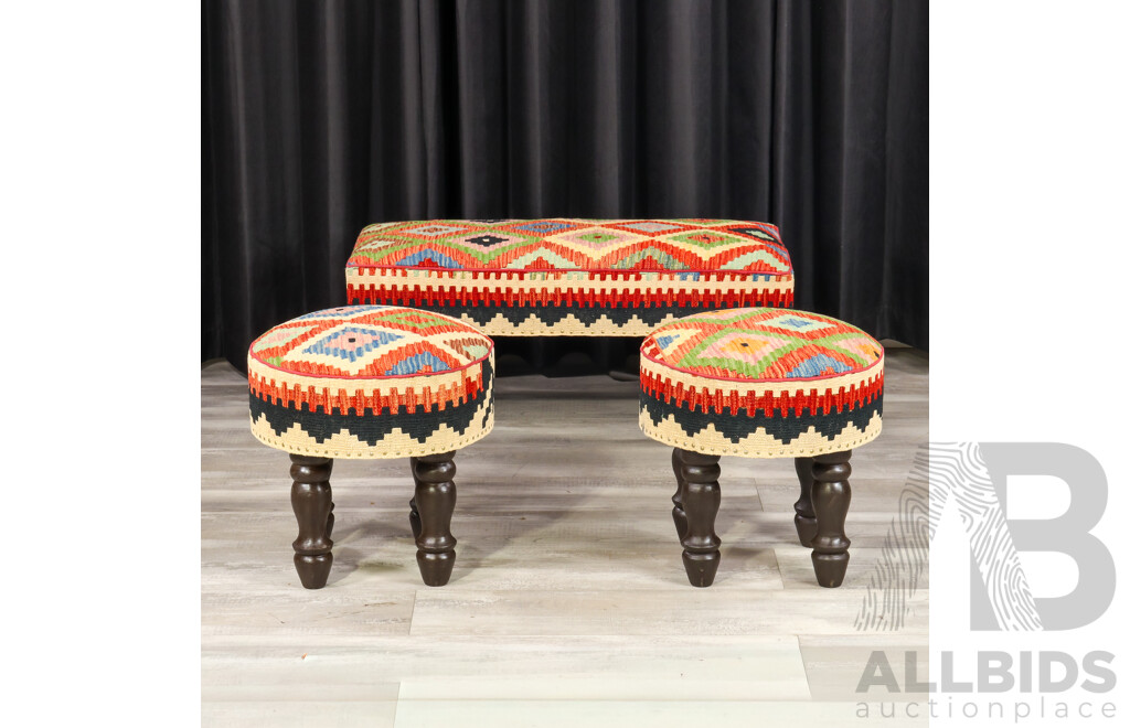 Set of Three Matched Kilim Covered Footstools