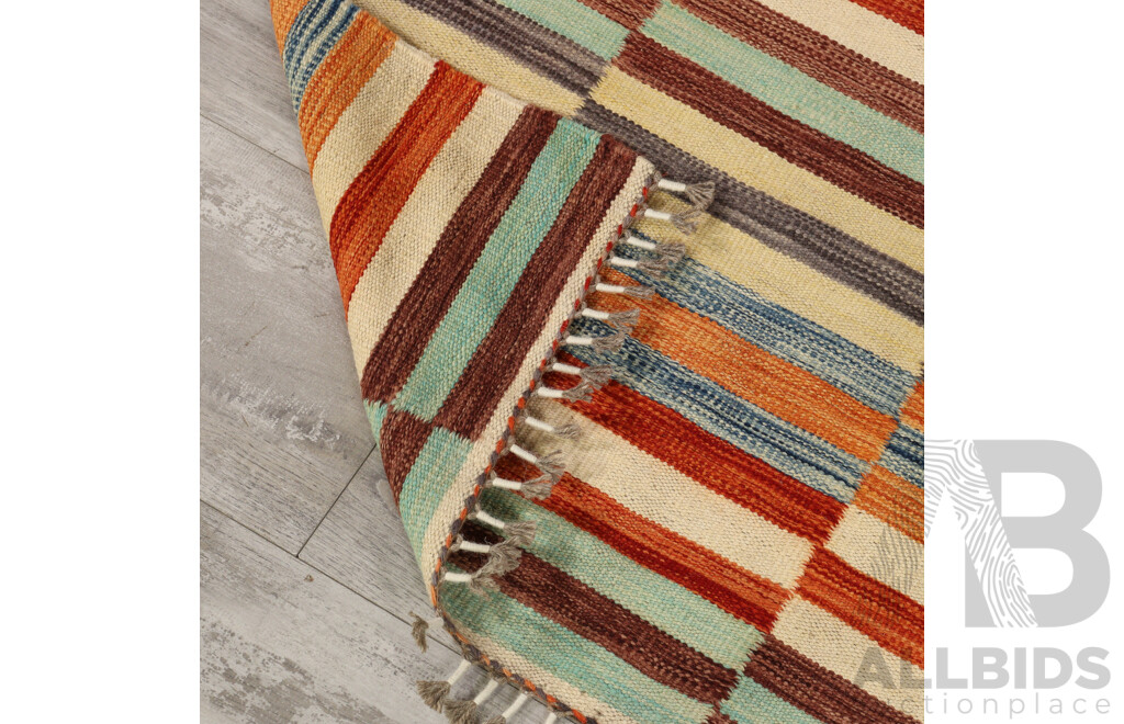 Large Hand Woven Persian Wool Slit Weave Kilim Runner with Bright Contemporary Design