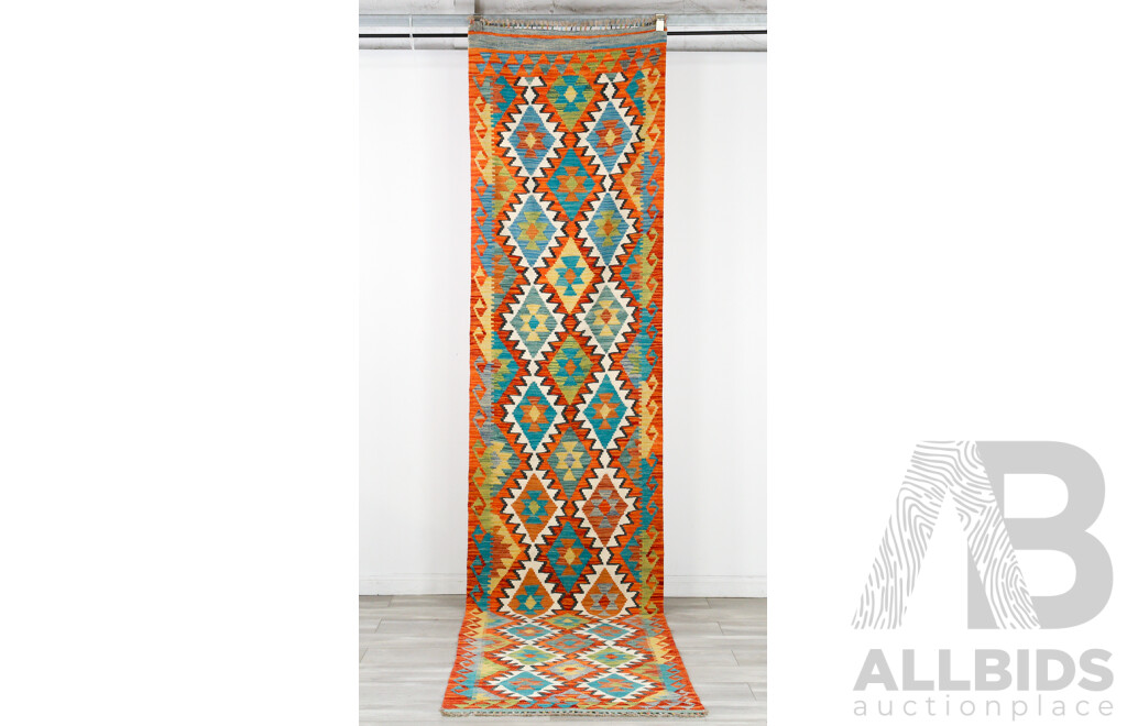 Large Hand Woven Persian Wool Slit Weave Kilim Runner with Bright Geometric Design