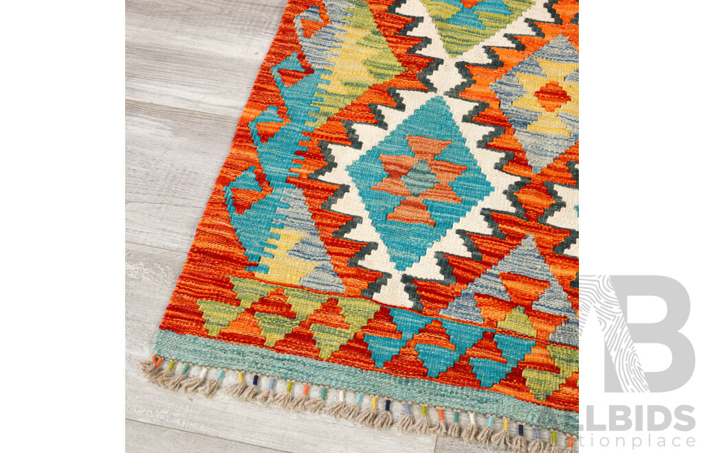 Large Hand Woven Persian Wool Slit Weave Kilim Runner with Bright Geometric Design