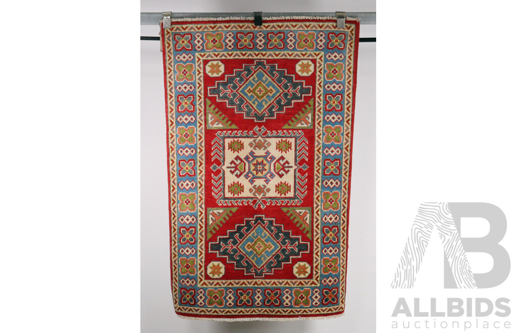 Hand Knotted Afghan Wool Rug with Bright Kazak Design