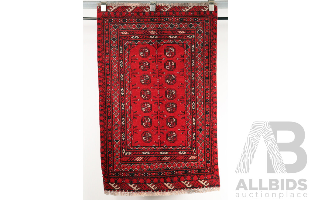 Hand Knotted Afghan Wool Rug with Classic Madder Red Gul Design