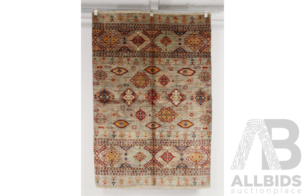 Large Hand Knotted Afghan  Wool Carpet with Latch Hook Gul Abrashed Design