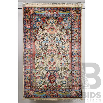 Vintage Hand Knotted Persian Nain Wool Rug with Vase Design and Silk Highlights