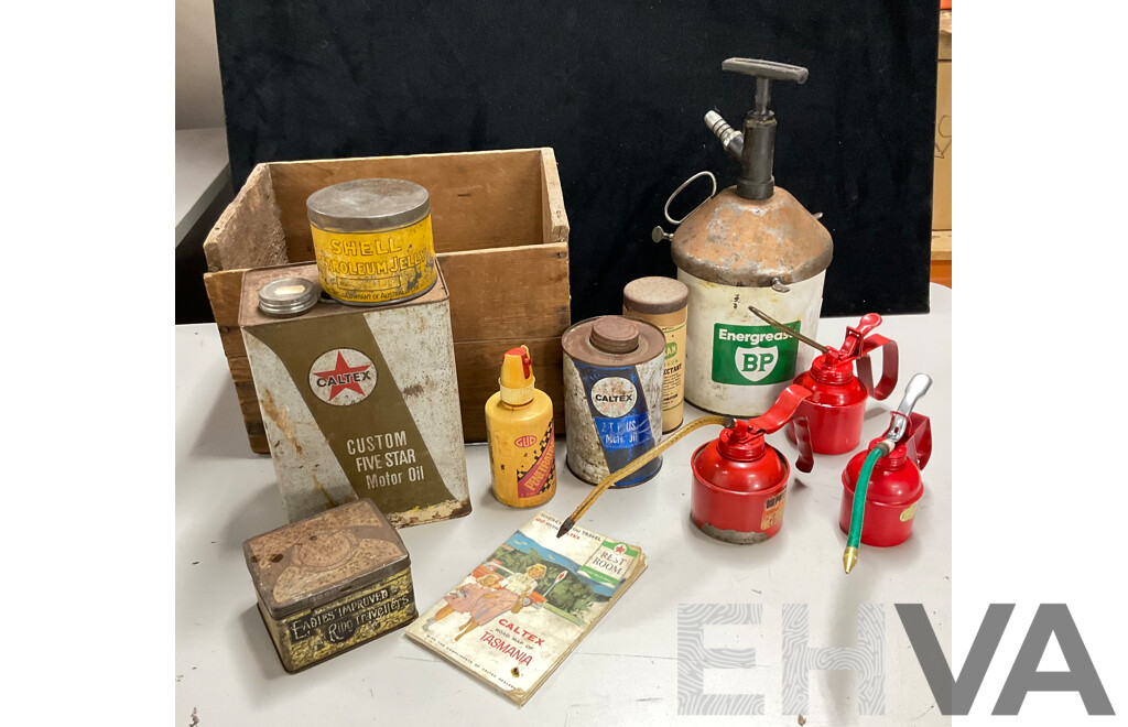 Collection of Vintage Oil Tins Including Shell Petroleum Jelly with Embossed Lid, Caltex Custom Five Star and Two Stroke, BP Grease with Pump, Engineers Oilers