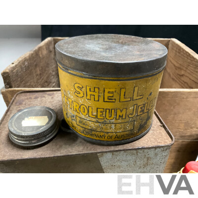 Collection of Vintage Oil Tins Including Shell Petroleum Jelly with Embossed Lid, Caltex Custom Five Star and Two Stroke, BP Grease with Pump, Engineers Oilers