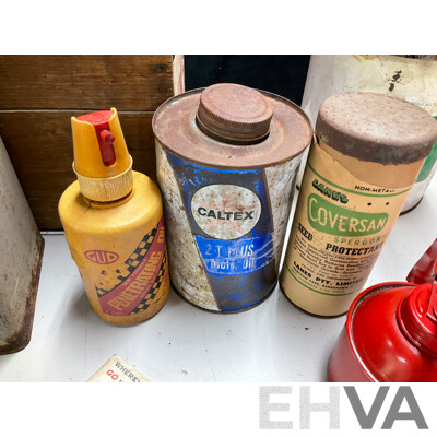 Collection of Vintage Oil Tins Including Shell Petroleum Jelly with Embossed Lid, Caltex Custom Five Star and Two Stroke, BP Grease with Pump, Engineers Oilers