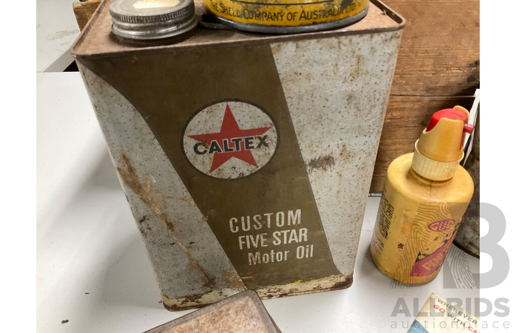 Collection of Vintage Oil Tins Including Shell Petroleum Jelly with Embossed Lid, Caltex Custom Five Star and Two Stroke, BP Grease with Pump, Engineers Oilers