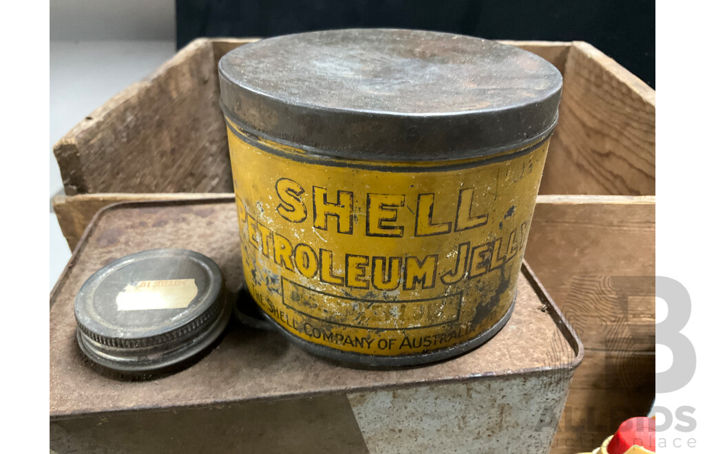 Collection of Vintage Oil Tins Including Shell Petroleum Jelly with Embossed Lid, Caltex Custom Five Star and Two Stroke, BP Grease with Pump, Engineers Oilers