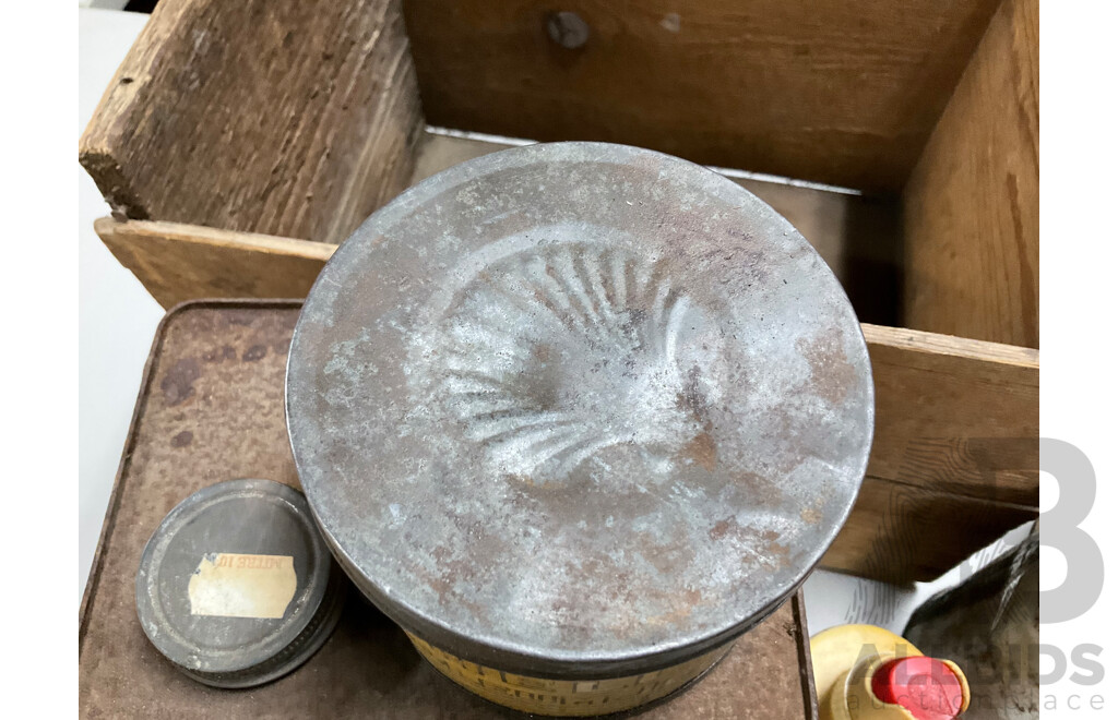 Collection of Vintage Oil Tins Including Shell Petroleum Jelly with Embossed Lid, Caltex Custom Five Star and Two Stroke, BP Grease with Pump, Engineers Oilers