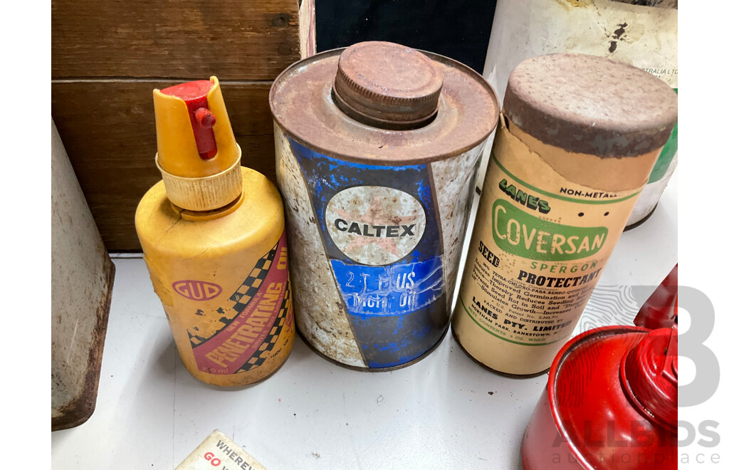 Collection of Vintage Oil Tins Including Shell Petroleum Jelly with Embossed Lid, Caltex Custom Five Star and Two Stroke, BP Grease with Pump, Engineers Oilers