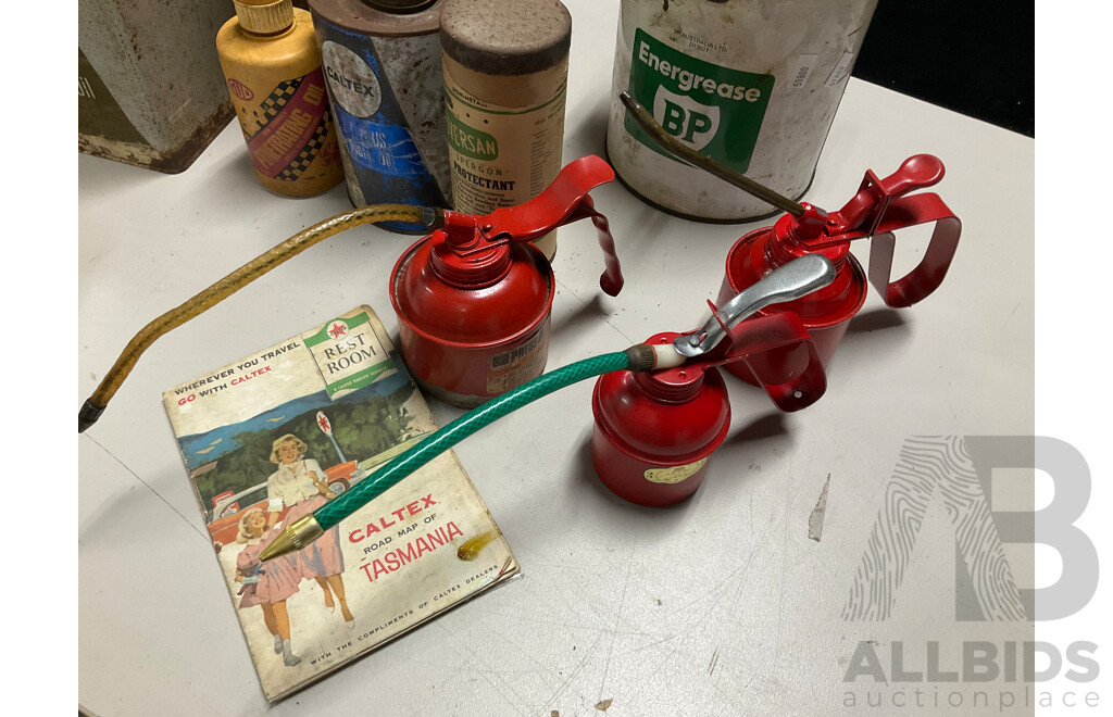 Collection of Vintage Oil Tins Including Shell Petroleum Jelly with Embossed Lid, Caltex Custom Five Star and Two Stroke, BP Grease with Pump, Engineers Oilers