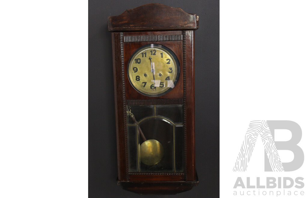 Vintage Timber Chiming Wall Clock with Brass Face, Pendulum and Beveled Glass