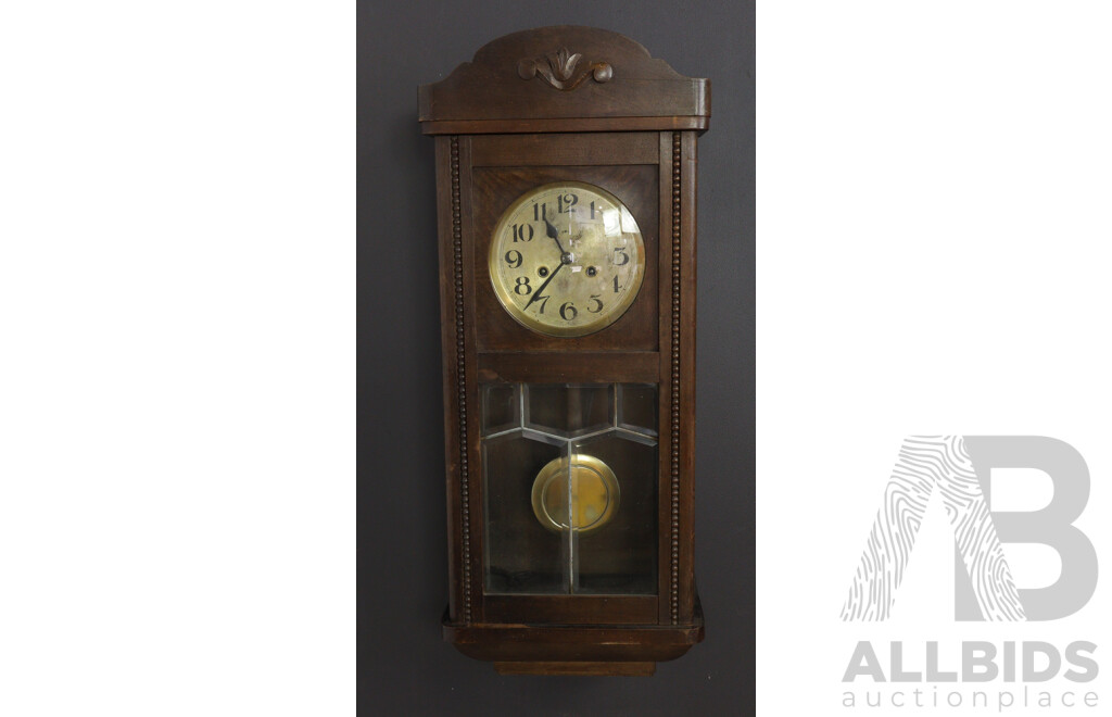 Antique Chiming Wall Clock with Beveled Glass and Carving on Pediment