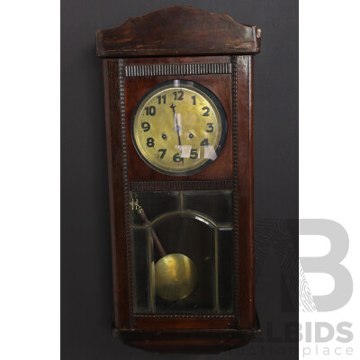 Vintage Timber Chiming Wall Clock with Brass Face, Pendulum and Beveled Glass