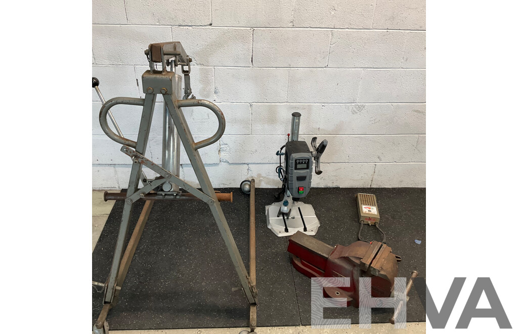 FERREX Electric Drill Press & Folding Crane & Vintage Dawn Vice & Battery Load Tester