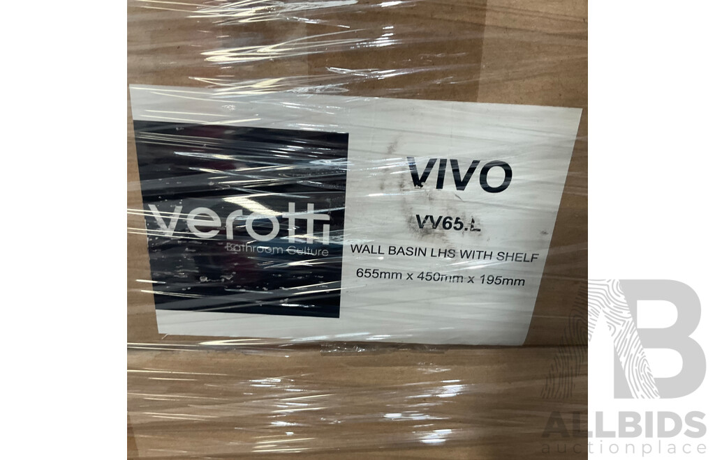 Pallet of VEROTTI  VIVO Wall Basin RHS with Left Shelf - Total in 24