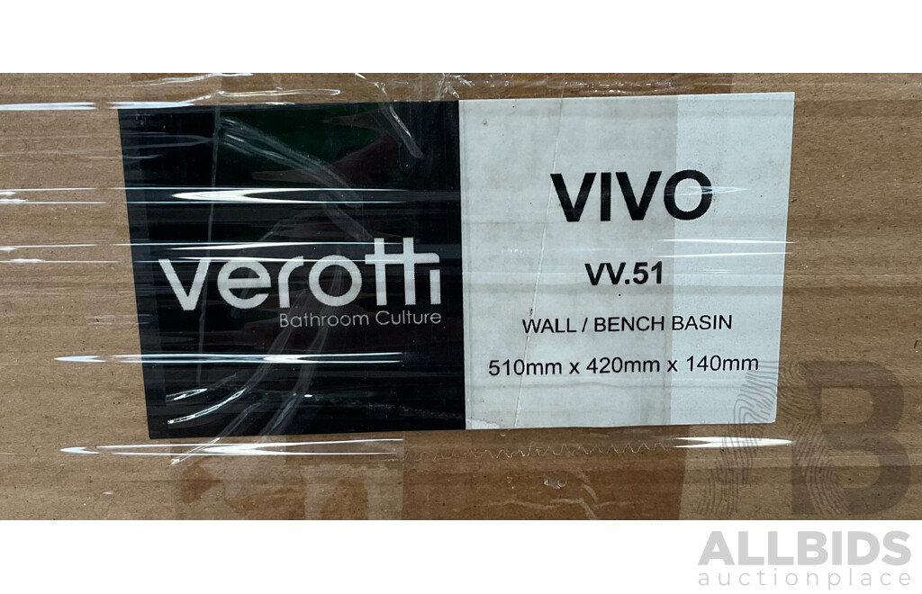Pallet of VEROTTI  VIVO Wall / Bench Basin  - Total in 34 - Estimated Total ORP $13,500