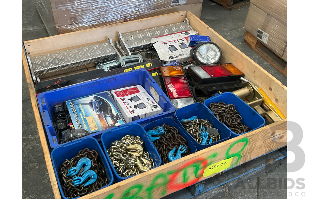 Pallet of Truck Gear - Load Restraint Chains (5x), Cameras, LED Sreens, Truck Steps, LED Flashing Light Bars