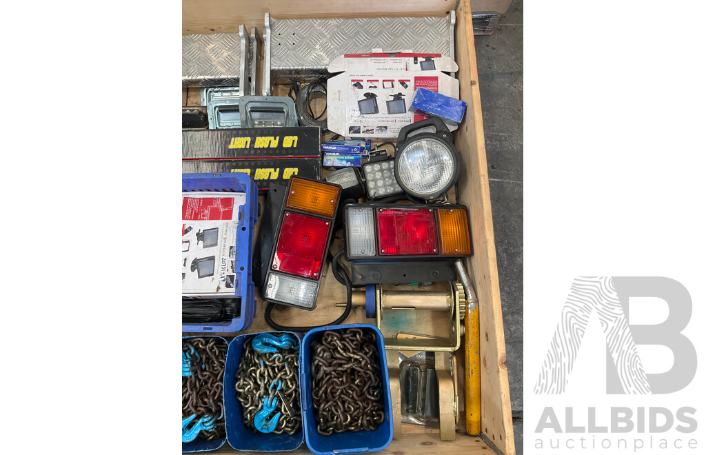 Pallet of Truck Gear - Load Restraint Chains (5x), Cameras, LED Sreens, Truck Steps, LED Flashing Light Bars