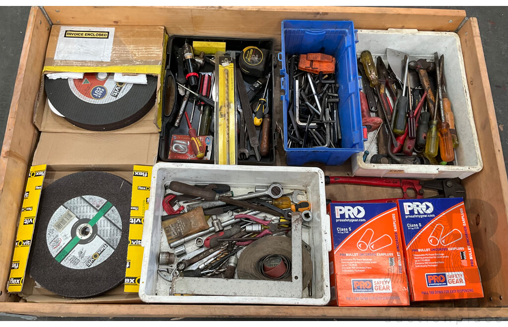 Pallet of Hand Tools, Uncorded Earplugs, Bolt Cutters, 20x New Steel Cut Off Wheels