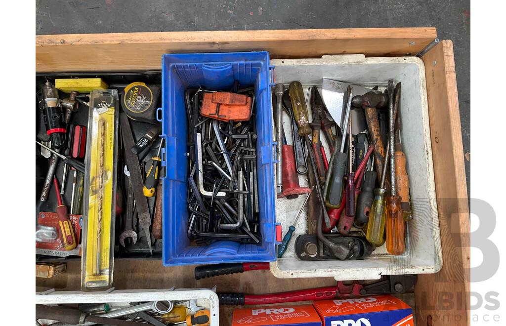 Pallet of Hand Tools, Uncorded Earplugs, Bolt Cutters, 20x New Steel Cut Off Wheels