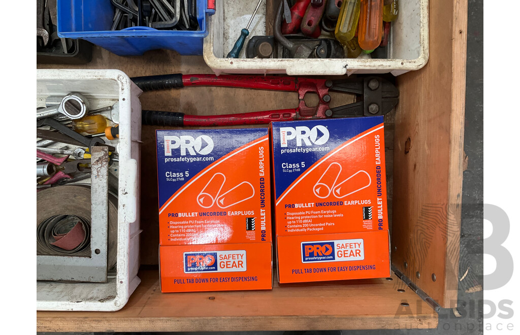 Pallet of Hand Tools, Uncorded Earplugs, Bolt Cutters, 20x New Steel Cut Off Wheels