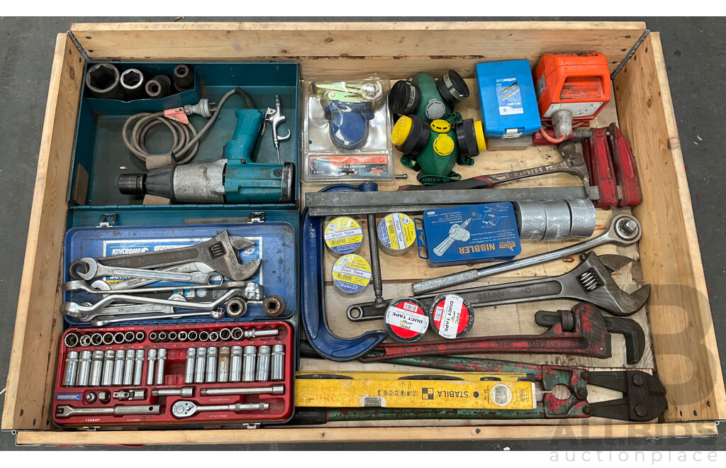 Pallet of Tools - Makita Impact Gun W/ Impact Sockets, Kincrome Sockets, Drill Bits, Shifters, Bolt Cutters