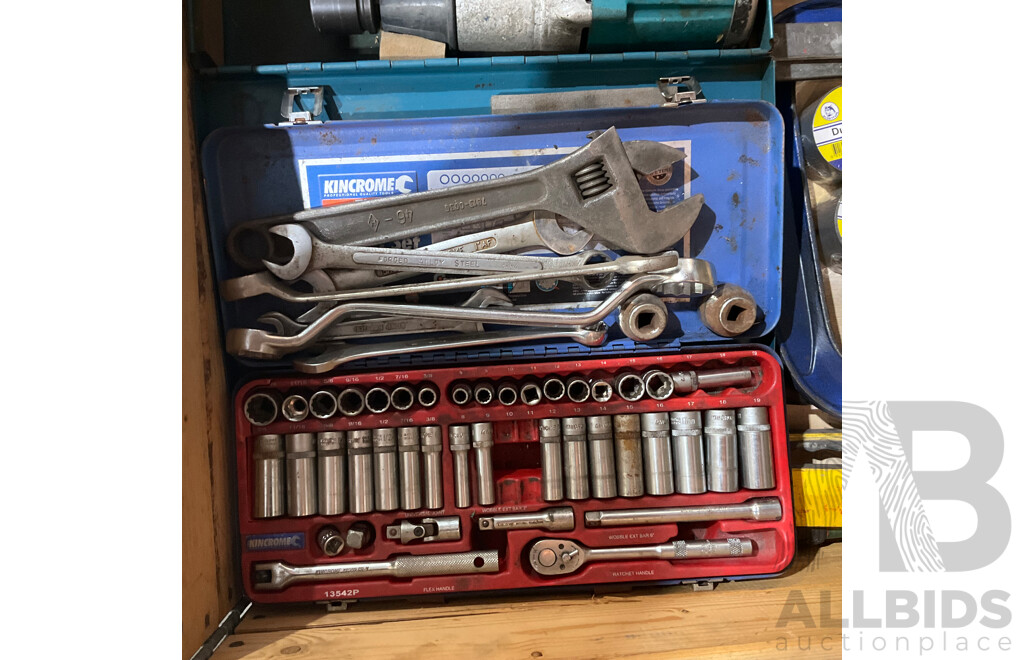 Pallet of Tools - Makita Impact Gun W/ Impact Sockets, Kincrome Sockets, Drill Bits, Shifters, Bolt Cutters